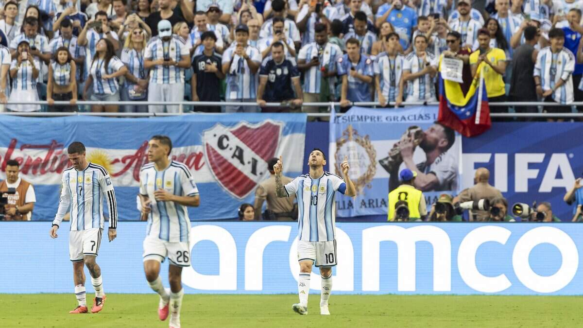 Argentina forward Lionel Messi (10) reacts after scoring a goal against Cape Verde in the first half of their FIFA World Cup 2026 Round of 32 soccer match at Hard Rock Stadium (Miami Stadium) on Friday, July 3, 2026, in Miami Gardens, Fla.