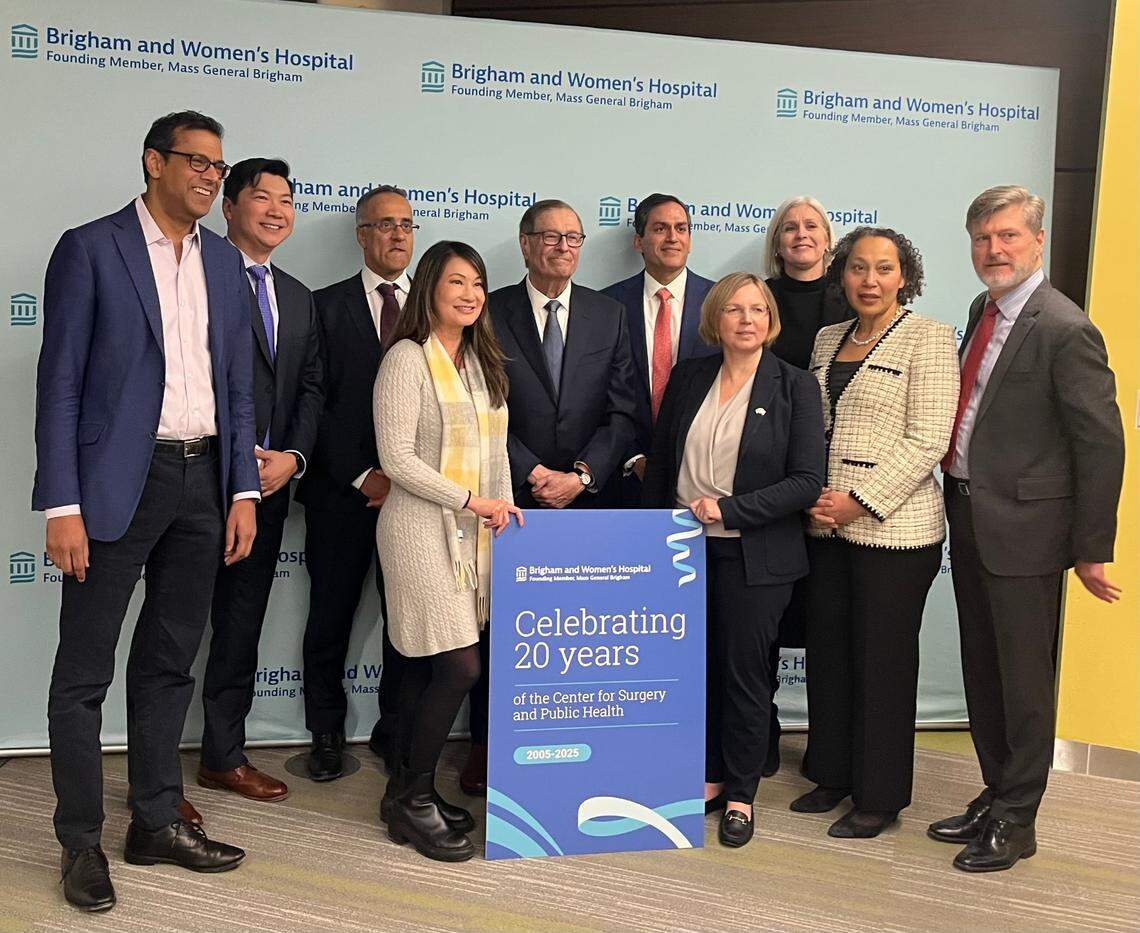 A 2020 photo celebrating 20 years of the Center for Surgery and Public Health at Brigham and Women’s Hospital. Dr. Michael Zinner is at the podium, center.