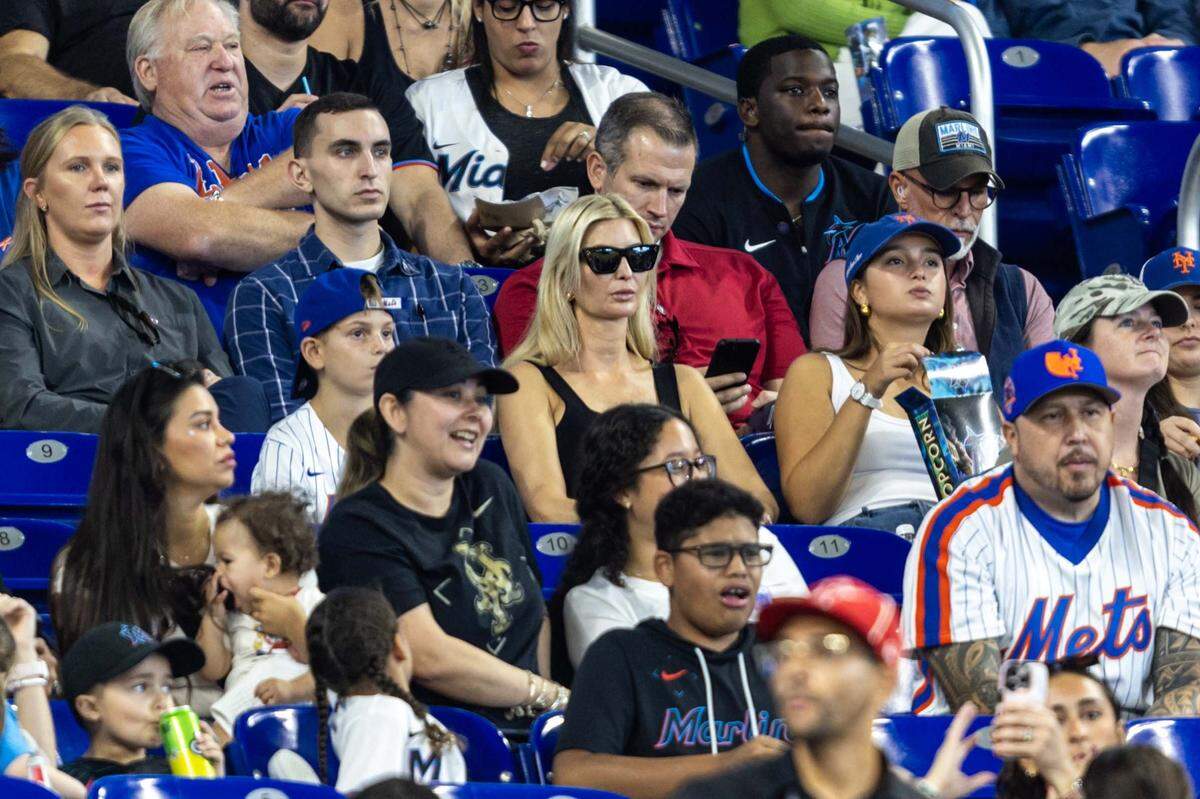 Ivanka Trump sits among the crowd with her kids during an MLB game between the New York Mets and Miami Marlins at loanDepot park on Sunday, September 28, 2025, in Miami, Fla.