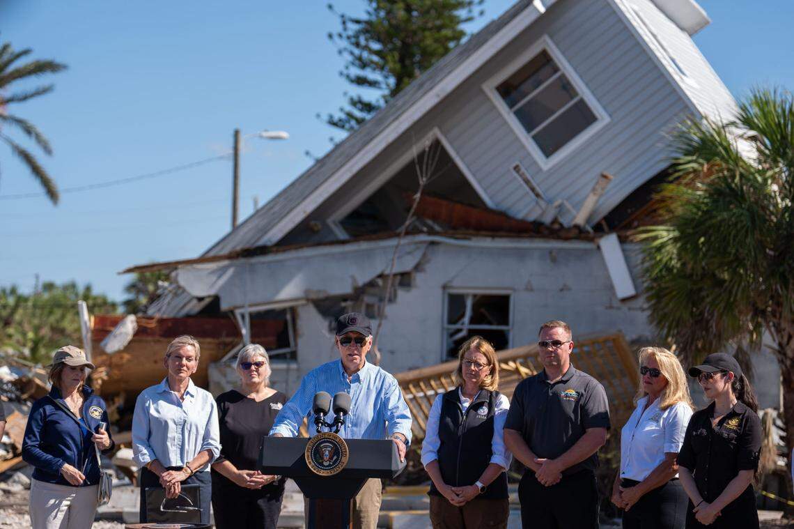 President Joe Biden delivers remarks in St. Pete Beach following Hurricanes Helene and Milton ravaging Florida’s Gulf Coast, Sunday, Oct. 13, 2024.