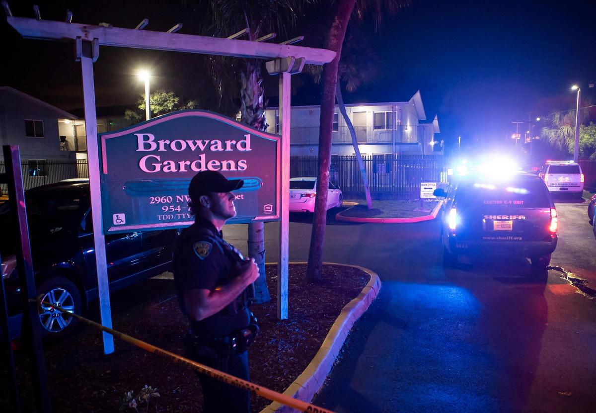 Police work a crime scene near the 2900 block of NW 19th Street on Wednesday, July 5, 2023, in Fort Lauderdale, Fla. Police say five people were transported to the hospital after an altercation between two groups of people ended in gunshots.