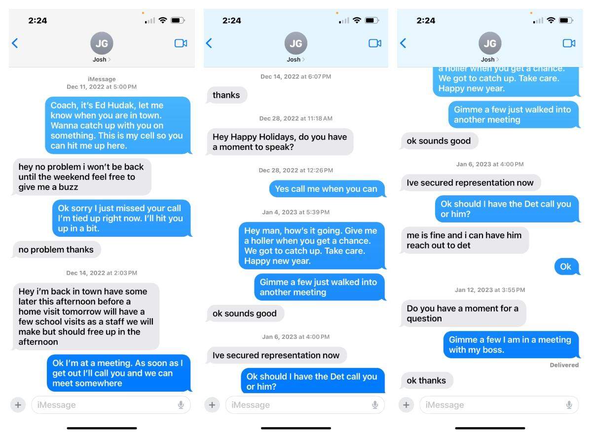 Screenshots of text messages between Coral Gables Police Chief Ed Hudak and former University of Miami offensive coordinator Joshua Gattis.