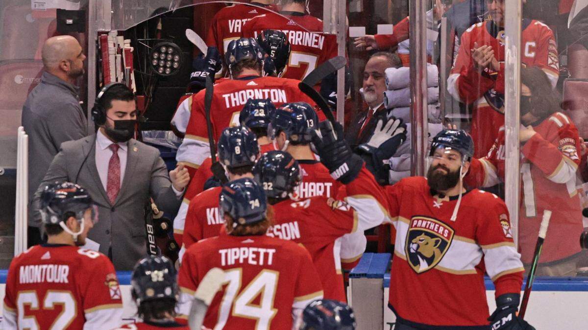 Florida Panthers celebrate the win against the Buffalo Sabres as they leave the ice at the FLA Live Arena in Sunrise on Thursday, December 02, 2021.