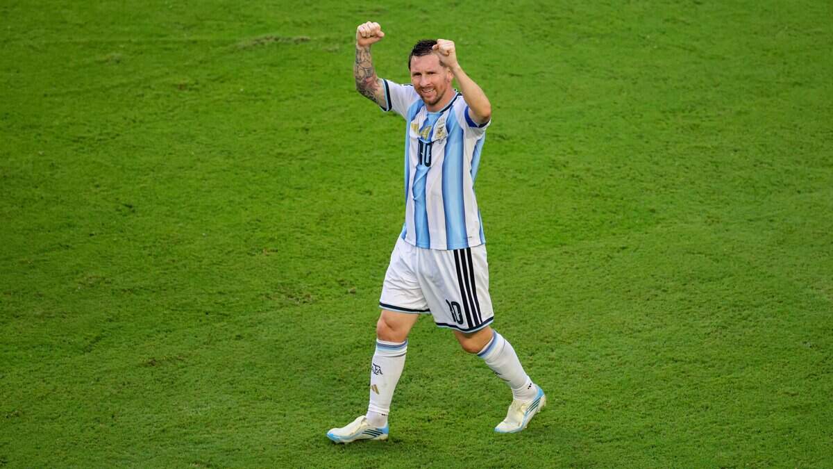 Argentina forward Lionel Messi (10) reacts after scoring against Cape Verde in the first half of their FIFA World Cup 2026 Round of 32 soccer match at Hard Rock Stadium (Miami Stadium) on Friday, July 3, 2026, in Miami Gardens, Fla.