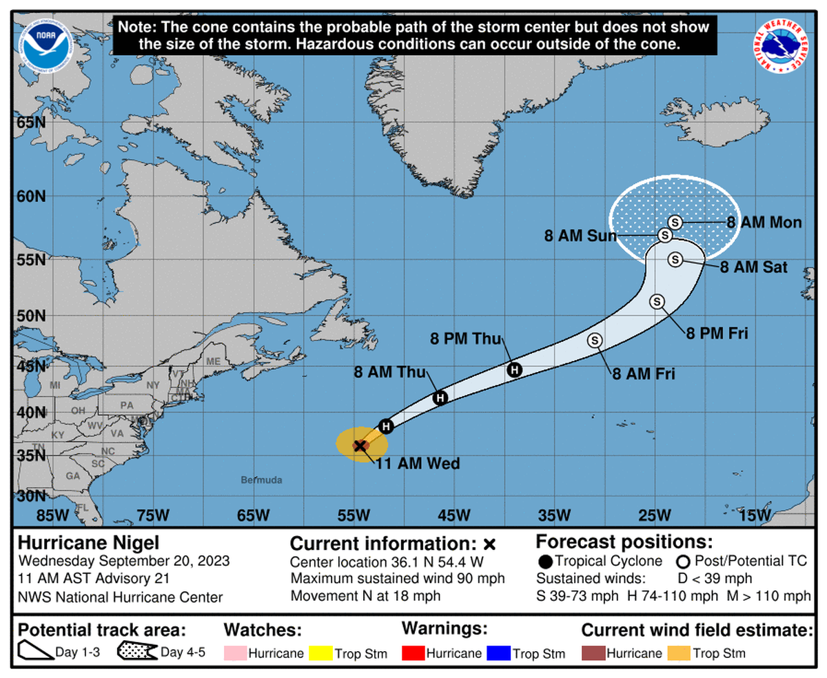 Hurricane Nigel’s projected path as of 11 a.m. Wednesday, Sept. 20, 2023.