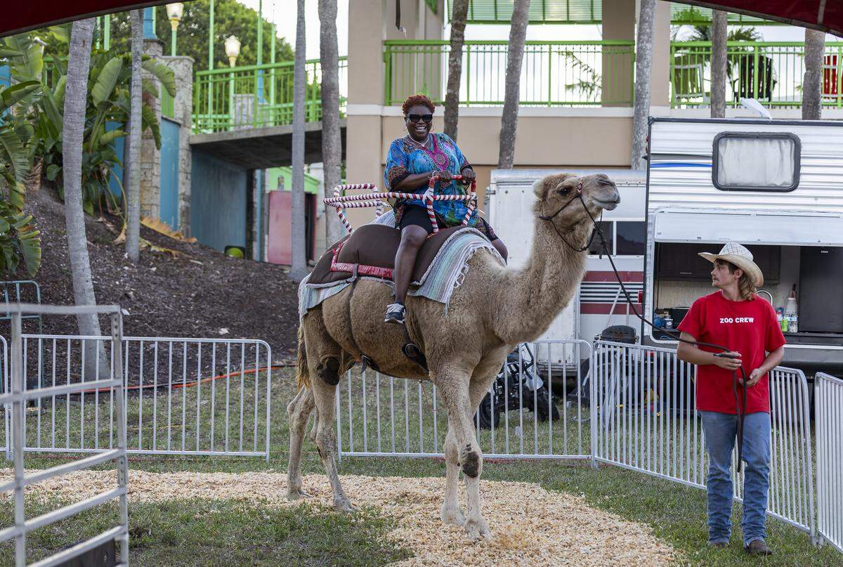 Michelle Bonton-Walkins reacciona mientras monta un camello durante el día inaugural de la 74.ª Feria Juvenil Anual del Condado de Miami-Dade, el jueves 12 de marzo de 2026, en Miami, Florida.