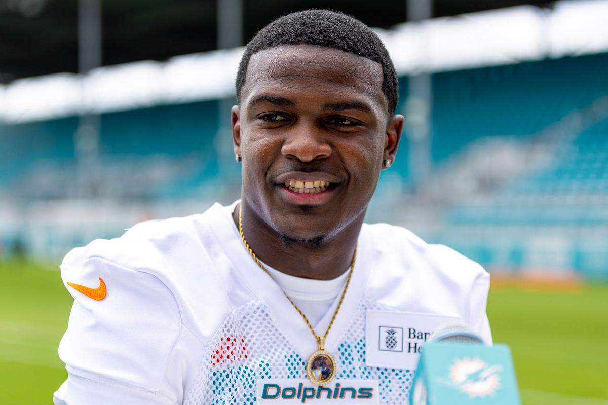 Rookie running back Devon Achane (28) speaks to the media during the 2023 Miami Dolphins Rookie Minicamp at Baptist Health Training Complex in Miami Gardens, Florida, on Friday, May 12, 2023.