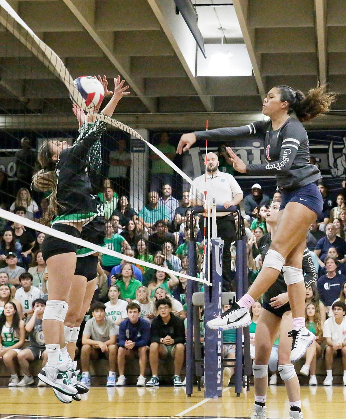 Gulliver Jackie Taylor (1) spikes the ball against St. Brendan during regional volleyball final game on Tuesday, November 1, 2022 at Gulliver Prep in Miami. Andrew Uloza / for Miami Herald