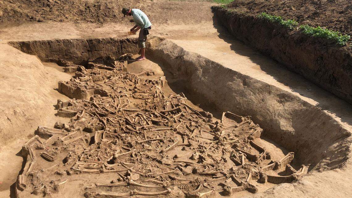 Archaeologists in Vráble uncovered 37 skeletons without skulls and one with a skull buried in a trench near a 7,000-year-old settlement.