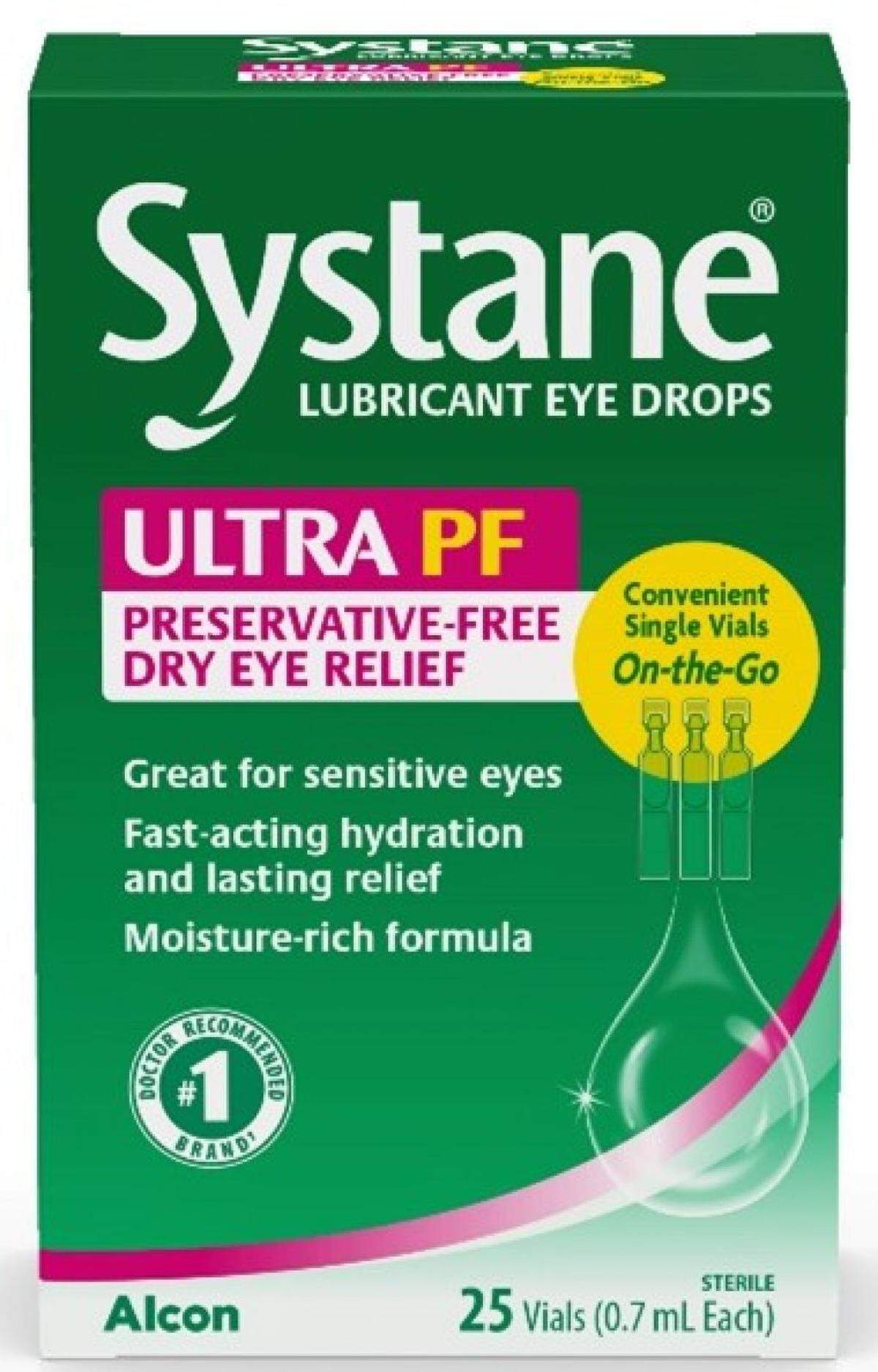 Systane Lubricant Eye Drops in a green and pink carton design, with “Systane” and “ULTRA PF” brand names on the front of the carton, and the “25 vials” package size marked Lot 10101 were recalled for possible fungal contamination on Dec. 20, 2024. The expiration date is stamped as 2025/09.