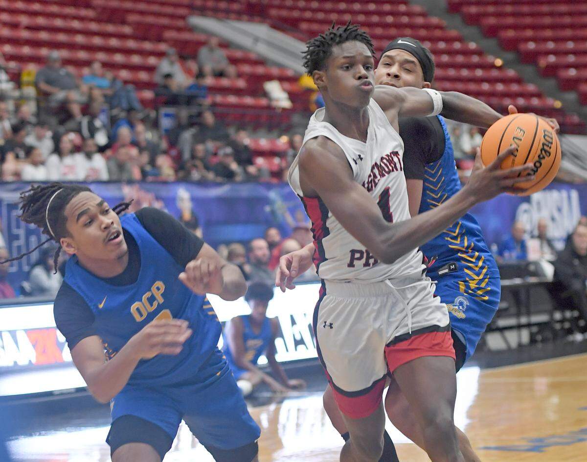 Sagemont’s Kevin Thomas (4) drives the lane against Orlando Christian Prep in the Class 2A final during the Florida High School State Championships at the RP Funding Center in Lakeland, Fl on Thursday February 29, 2024. Sagemont defeated Orlando Christian Prep 50-47 and Thomas was the game-high scorer. Scott Wheeler | Photo