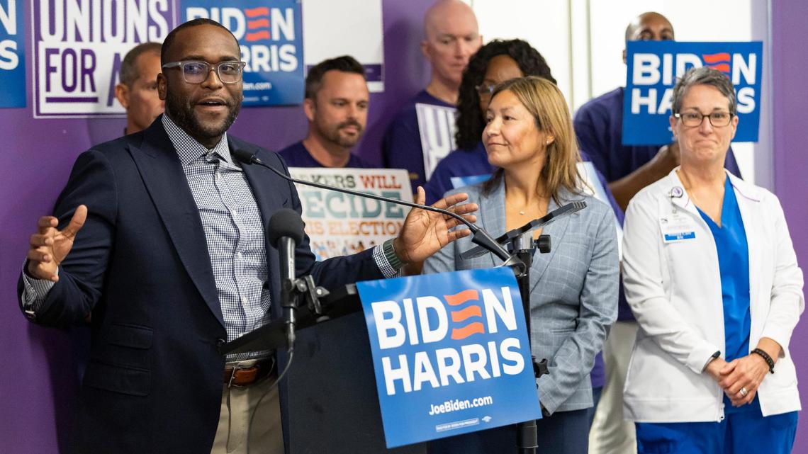 Florida State Senator Shevrin Jones speaks during a press conference at the SEIU 1991 on Tuesday, Nov. 7, 2023, in Miami, Fla. The event was held ahead of Donald Trump’s trip to Hialeah and the third GOP Primary Debate on Wednesday.