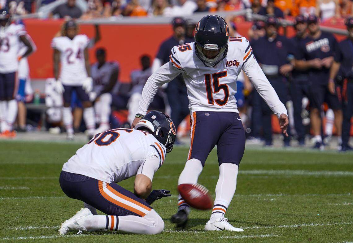 Chicago Bears kicker Eddy Pineiro (15) kicks a field goal during an NFL football game between the Denver Broncos and the Chicago Bears, Sunday, Sept. 15, 2019, in Denver.