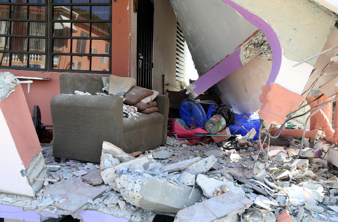 View of a destroyed house located at 25 de Julio Street by an earthquake in the southern town of Guanica, located near the epicenter of the 6.4-magnitude quake, that hit Puerto Rico on Jan. 7, 2020. With many aftershocks including a 5.9 early morning Saturday Jan. 11, 2020.