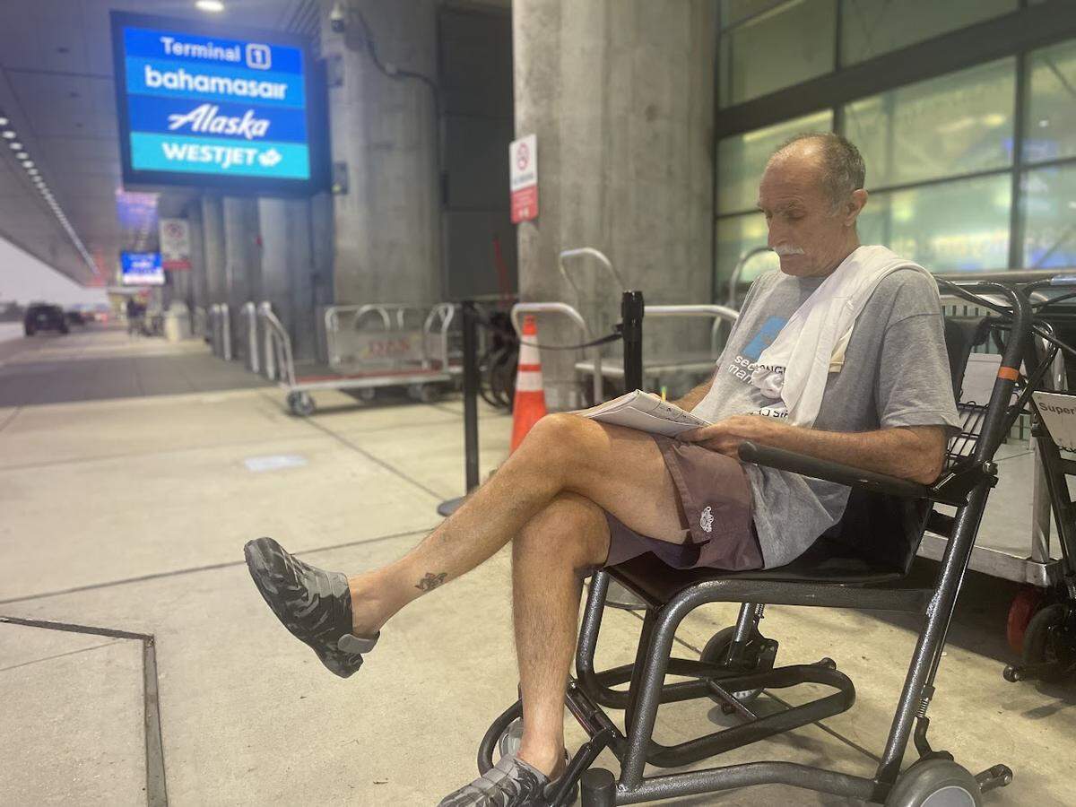 Joe Rasgado, 70, a Cooper City resident, was one of the few non-police officers at Terminal 1. He arrived around 4 p.m. Wednesday but was stuck there until 6 a.m. Thursday when he was finally able to pick up a rental car. On Thursday afternoon, he came back to the airport to return the rental car. “I’ve been living here 50 years and this has never happened,” he said about the flooded runway.
