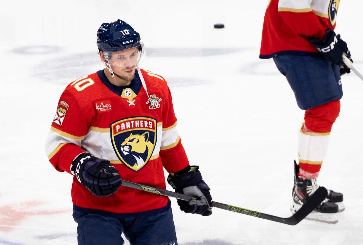 Florida Panthers right wing Vladimir Tarasenko (10) warms up before his first game on Thursday, March 7, 2024 at Amerant Bank Arena in Sunrise, Fla.