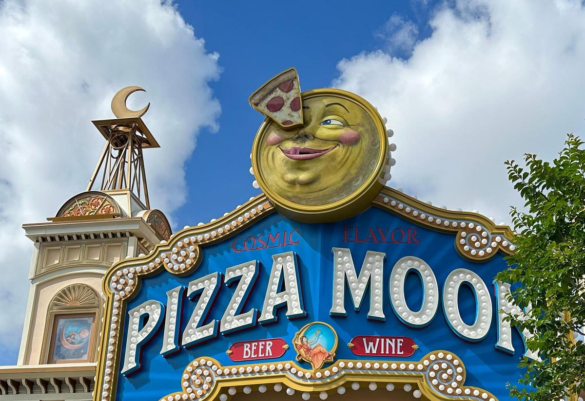 The kitschy Pizza Moon restaurant inside Celestial Park at Universal Epic Universe is a playful take on the 1902 French film ‘A Trip to the Moon,’ which was inspired by Jules Verne’s 1865 novel ‘From the Earth to the Moon.