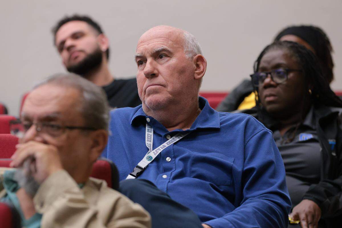 Coral Reef High School teacher Charles Mahoney attends a town hall meeting hosted by United Teachers of Dade regarding the collective bargaining for the contract as well as the referendum renewal at Miami Southridge Senior High School in Miami, Florida, on Wednesday, Nov. 5, 2025.
