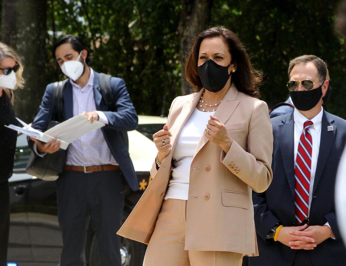 U.S. Senator Kamala Harris, running mate of Democratic presidential nominee Joe Biden, dances to the beat of the music by the school band as they welcomed her to the Florida Memorial University in Miami Gardens to host a community conversation to discuss the challenges facing the African American community in South Florida, on Thursday, September 10, 2020.