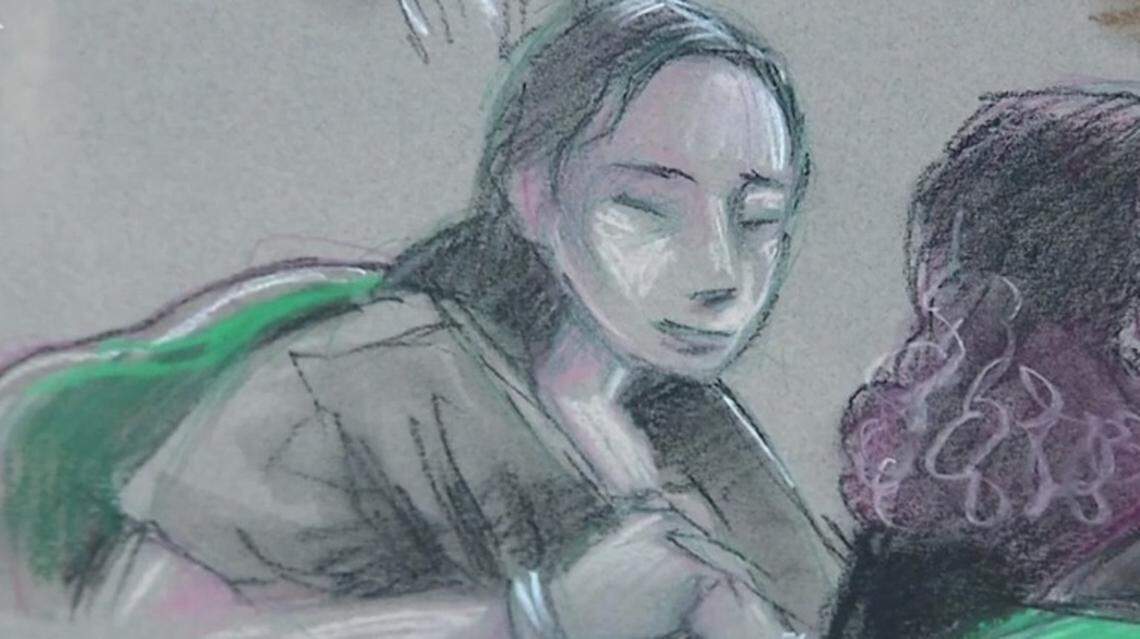 Court rendering of Yujing Zhang at her pretrial detention hearing Monday, April 8.