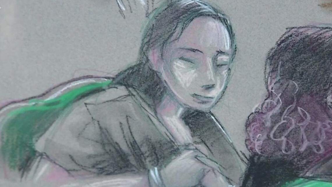 Court rendering of Yujing Zhang at her pretrial detention hearing Monday, April 8.