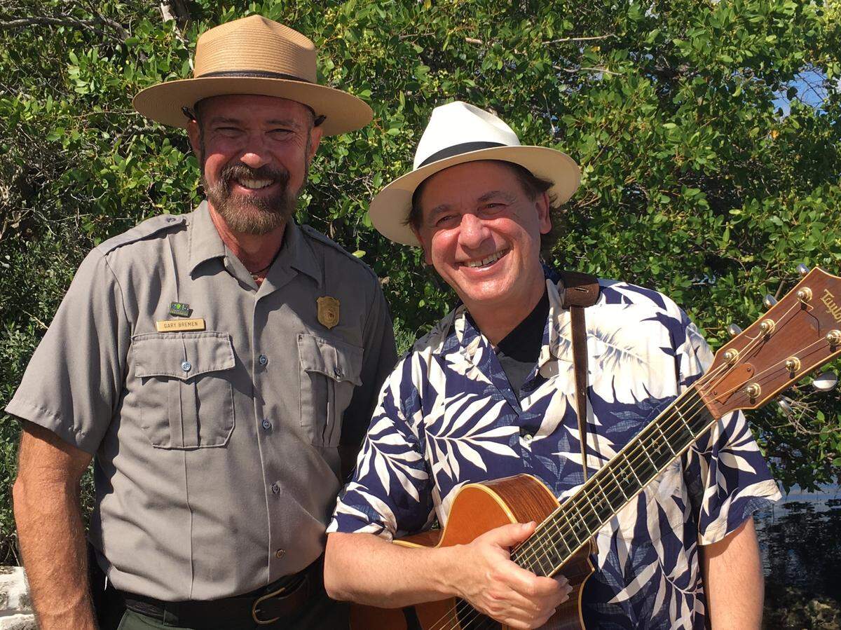 National Park Ranger (now retired) Gary Bremen and singer/songwriter Grant Livingston at Biscayne National Park before a performance together.