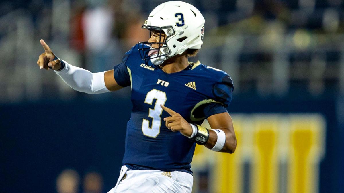 Florida International University quarterback Grayson James (3) reacts to a touchdown by his team during the second quarter of an NCAA Conference USA football game against Louisiana Tech University at Riccardo Silva Stadium in Miami, Florida, on Friday, October 28, 2022.