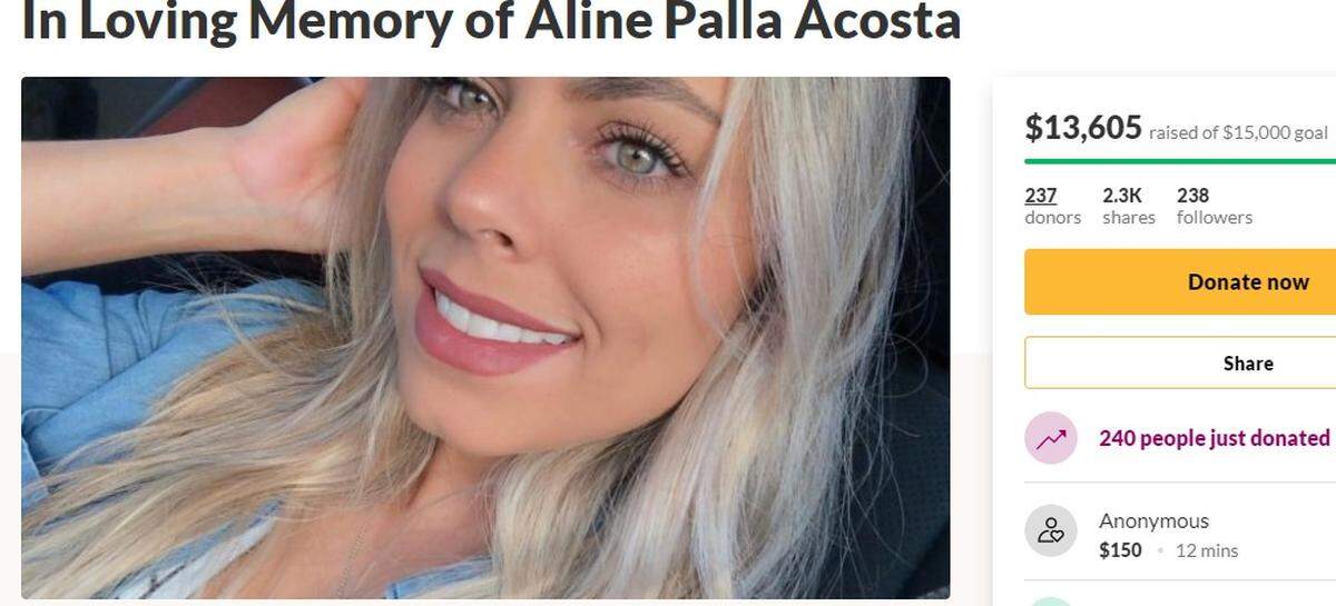 A GoFundMe page has been set up for Aline Palla Acosta, a 27-year-old Broward woman from Brazil who was killed when a speeding car hit her while she was on her Rollerblades on a bike path on Feb. 19, 2020.