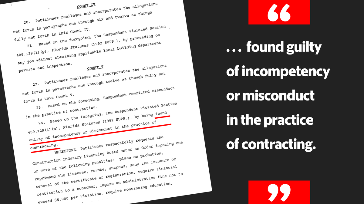 Page five of a 1995 administrative complaint filed by the Florida Department of Business and Professional Regulation against general contractor Alfred Weisbrod over his work on a roof repair project.