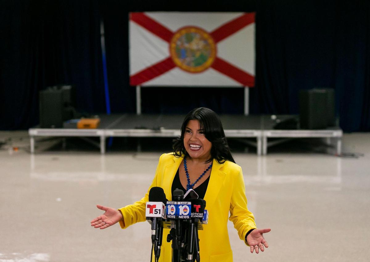Karla Hernández-Mats, the president of United Teachers of Dade and a vice president of the American Federation of Teachers, holds a press conference at Hialeah Middle Community School on Saturday, Aug. 27, 2022, in Hialeah, Fla. Charlie Crist announced that he selected Hernandez-Mats as his running mate in the race against Ron DeSantis for Florida governor.