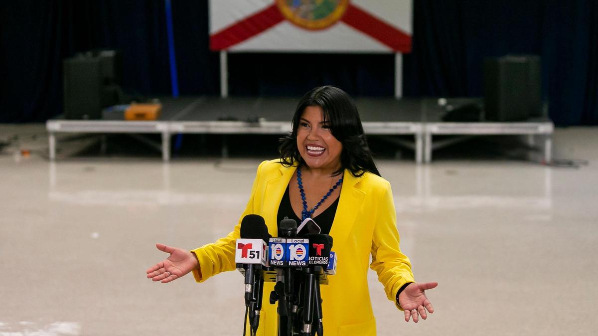 Karla Hernández-Mats, the president of United Teachers of Dade, at the press conference at Hialeah Middle Community School on Saturday, Aug. 27, 2022, in Hialeah, Fla to announce she will be Charlie Crist’s running mate in the race against Ron DeSantis for Florida governor. Hernandez-Mats announced on Dec. 14, 2024 that she will not seek reelection as president of UTD.