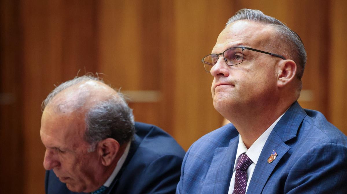 Frank Artlies, right, sits with his attorney Frank Quintero, left, during closing arguments in Courtroom 4-1 at the Richard E. Gerstein Justice Building on Monday, September 30, 2024, in Miami, Florida.