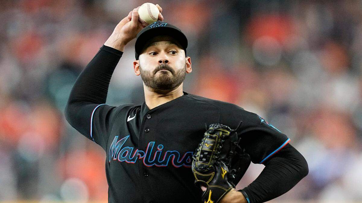 Miami Marlins starting pitcher Pablo Lopez throws against the Houston Astros during the first inning of a baseball game Friday, June 10, 2022, in Houston.
