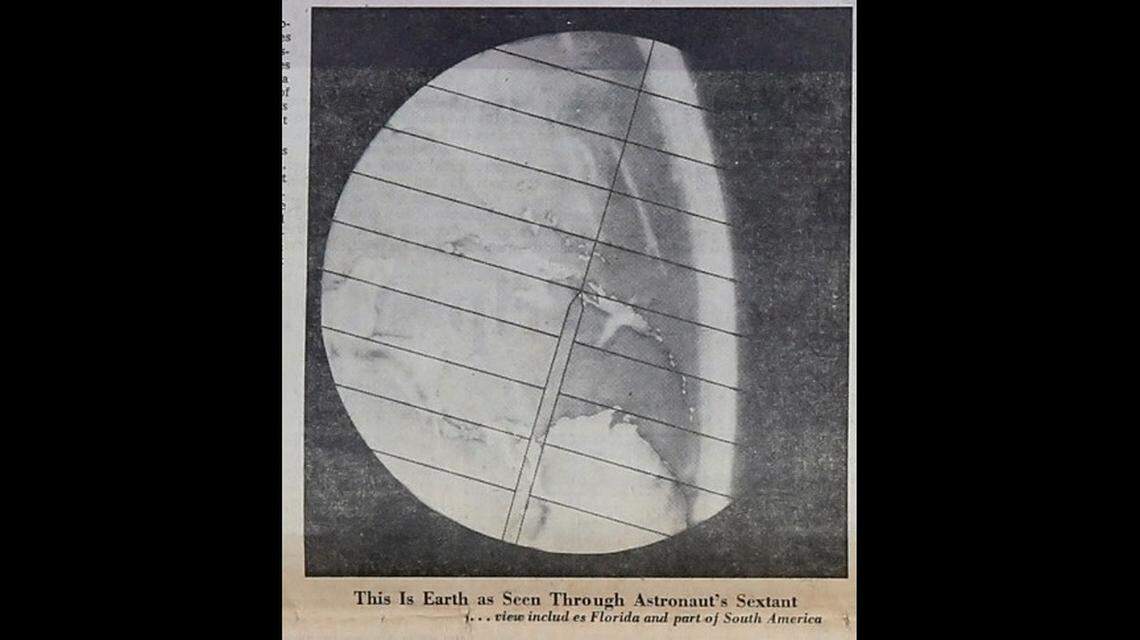 In a Miami Herald special section feature on July 13, 1969, “The Stars Guide the Way,” a photo of the earth, as seen through astronauts’ sextant, shows Florida and parts of South America from space.