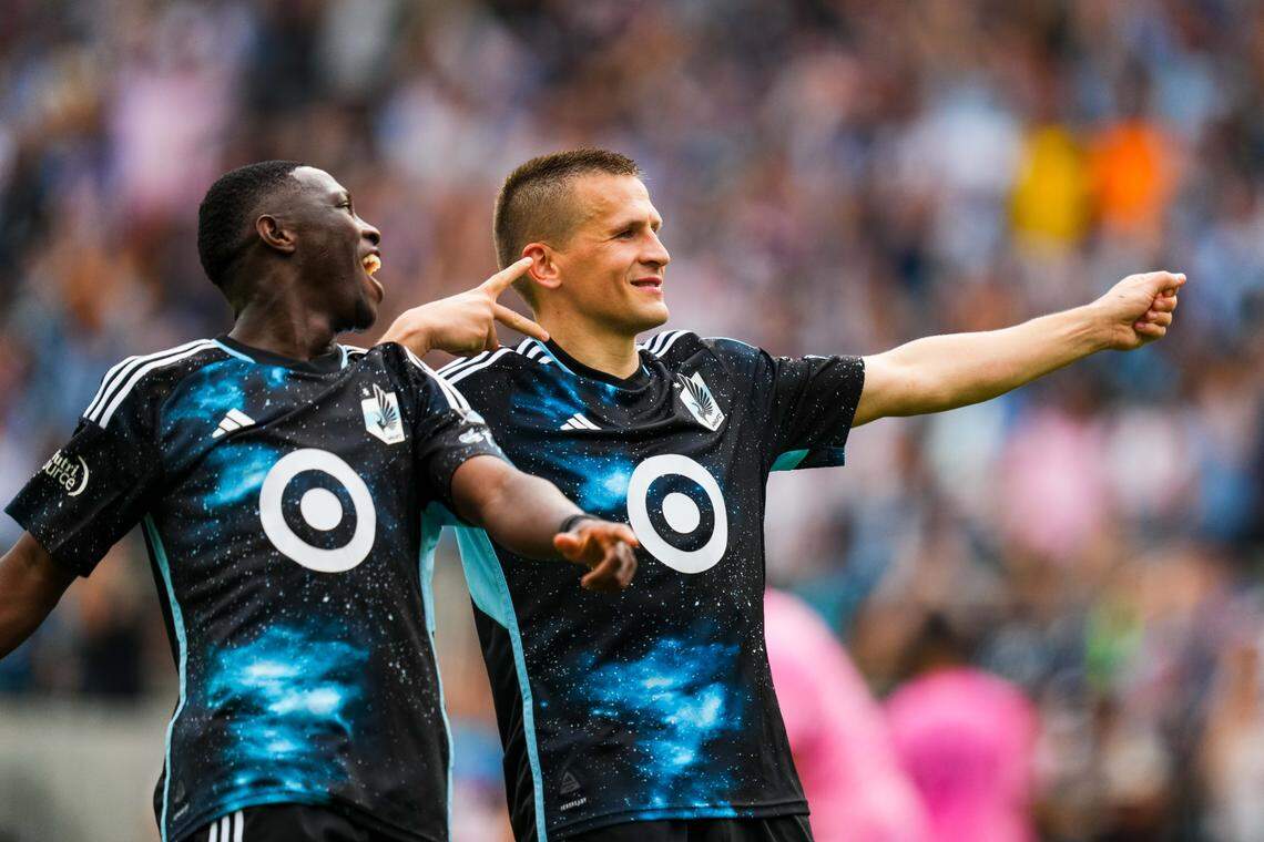 May 10, 2025; Saint Paul, Minnesota, USA; Minnesota United midfielder Robin Lod (17) celebrates his goal during the second half against Inter Miami at Allianz Field. Mandatory Credit: Brace Hemmelgarn-Imagn Images