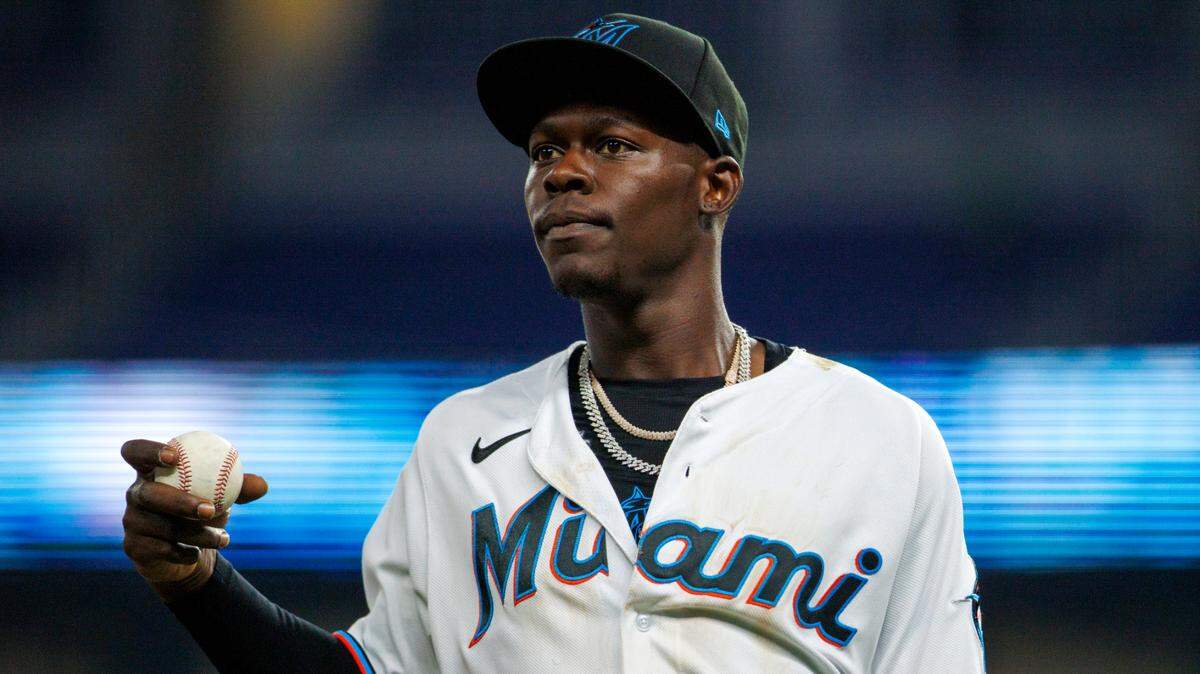 Miami Marlins second baseman Jazz Chisholm Jr. (2) looks on during the fourth inning of the baseball game against the St. Louis Cardinals at LoanDepot Park on Tuesday, April 19, 2022 in Miami, Florida.