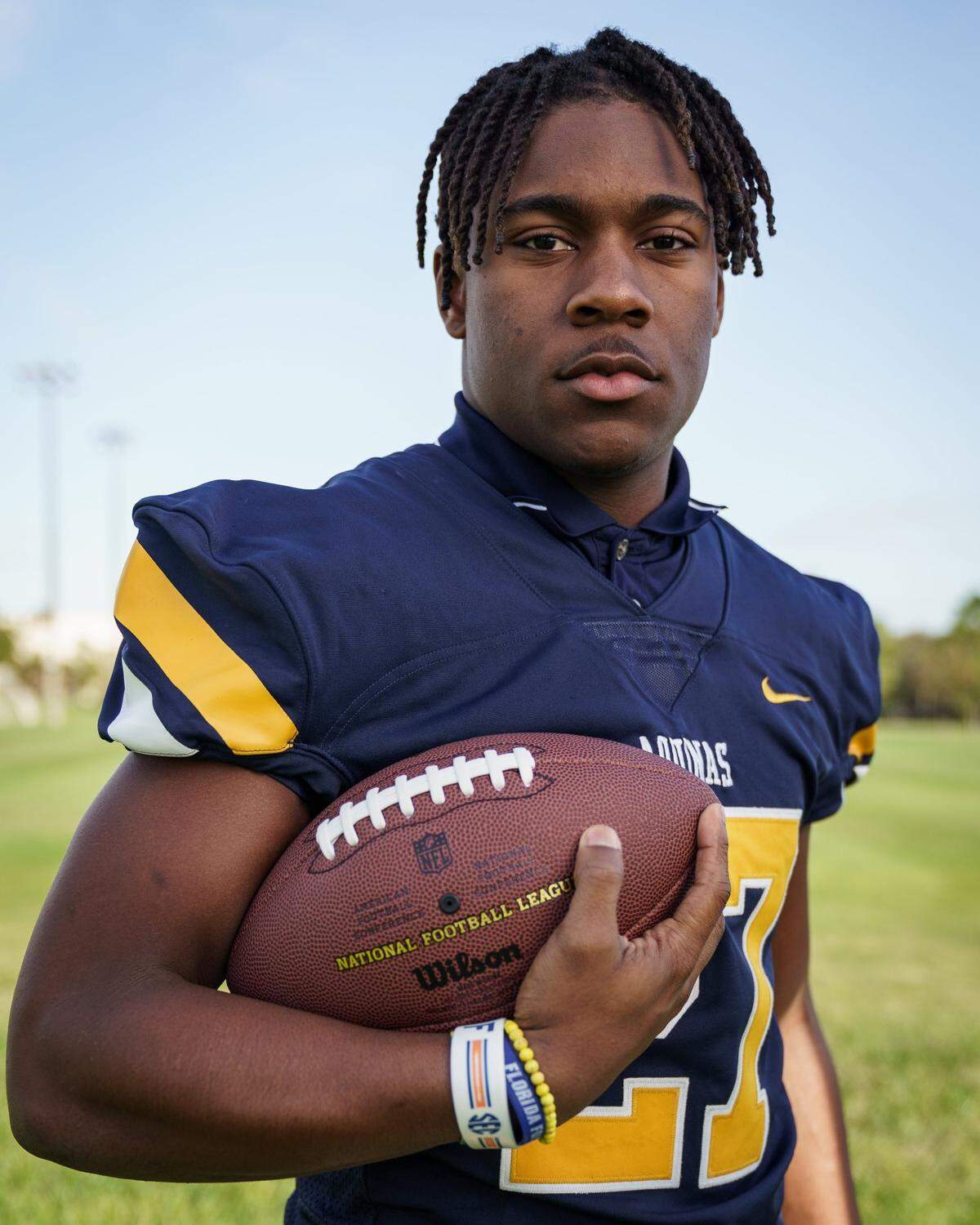 Ja’Den McBurrows of St. Thomas Aquinas poses for a photo during the All-Broward County photo session at Brian Piccolo Park on Wednesday, January 21, 2020 in Pembroke.
