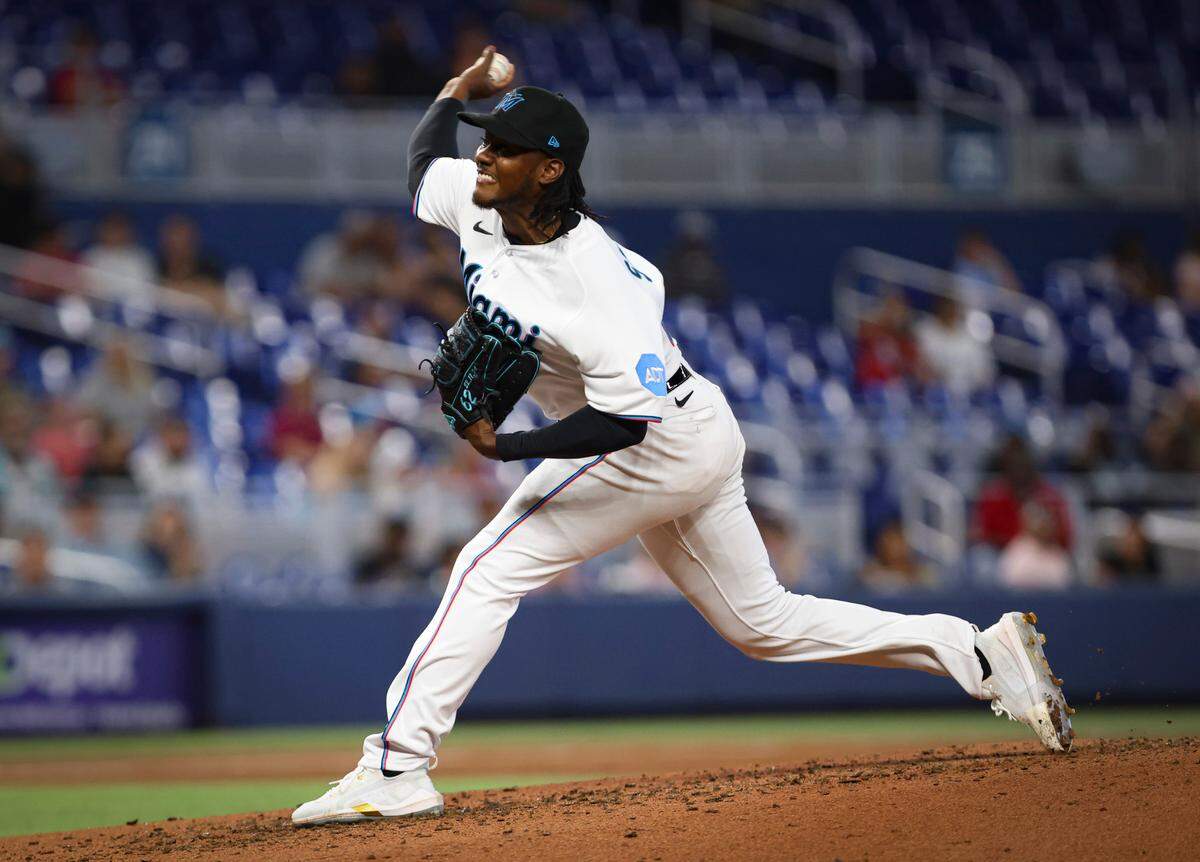 Miami Marlins starting pitcher George Soriano (62) pitches during the fourth inning at an MLB game against the San Francisco Giants on Wednesday, April 19, 2023, at loanDepot Park in Miami.