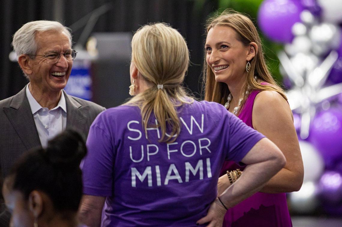 President and CEO of The Miami Foundation Rebecca Fishman Lipsey (right) speaks with people during Give Miami Day at Miami Dade College Wolfson campus in Miami, Florida on Thursday, November 17, 2022.
