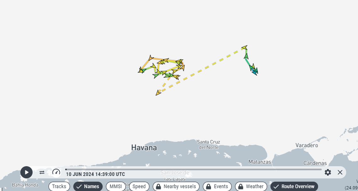 A screenshot of the website marinetraffic.com shows the recent trajectory of the guided-missile destroyer USS Donald Cook, which is monitoring the presence of a Russian navy fleet at the port of Havana, Cuba.