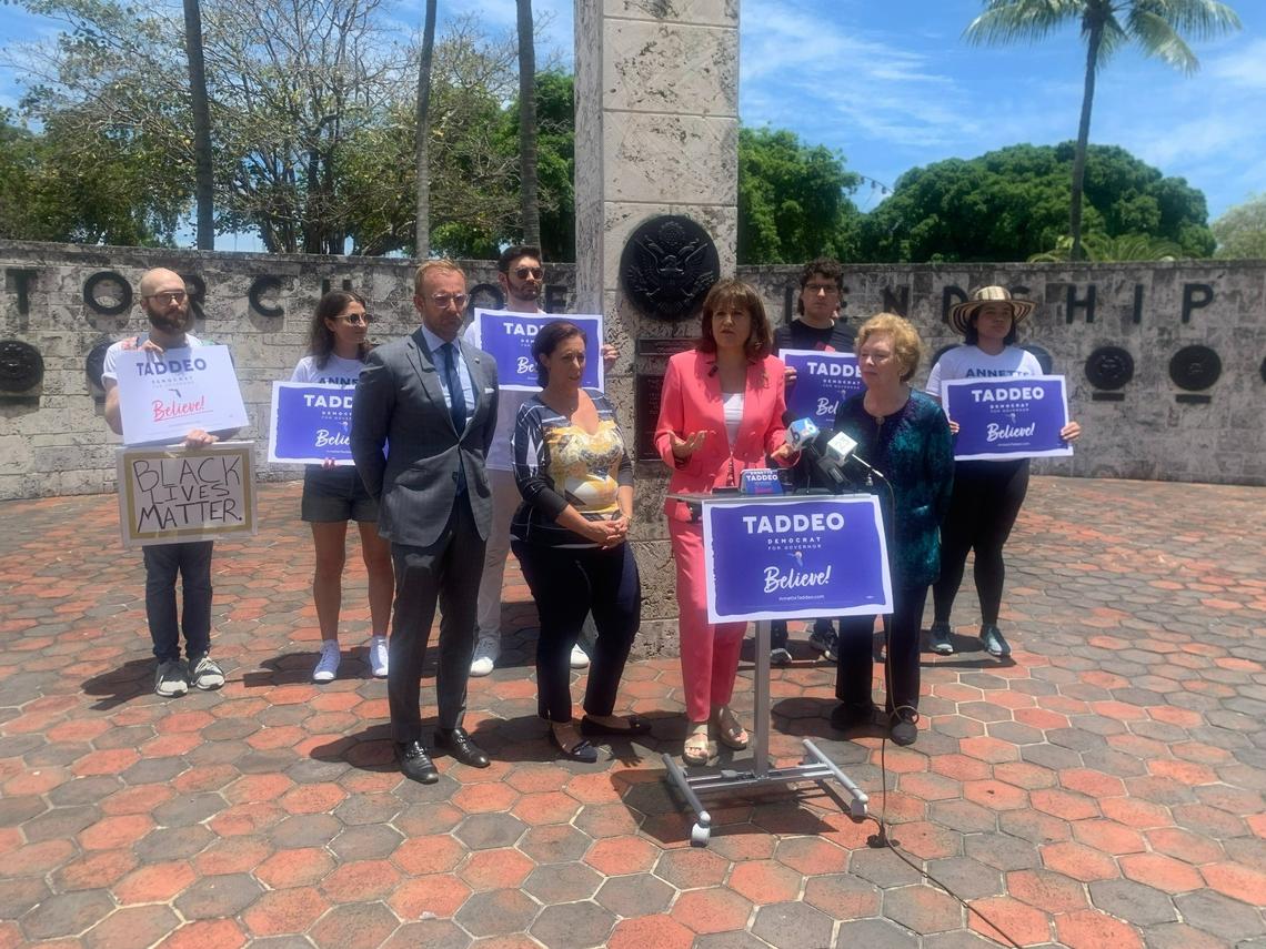 Democratic state Sen. Annette Taddeo, who is running for governor, held a press conference at the Torch of Friendship in downtown Miami to speak in support of abortion rights on May 3, 2022.