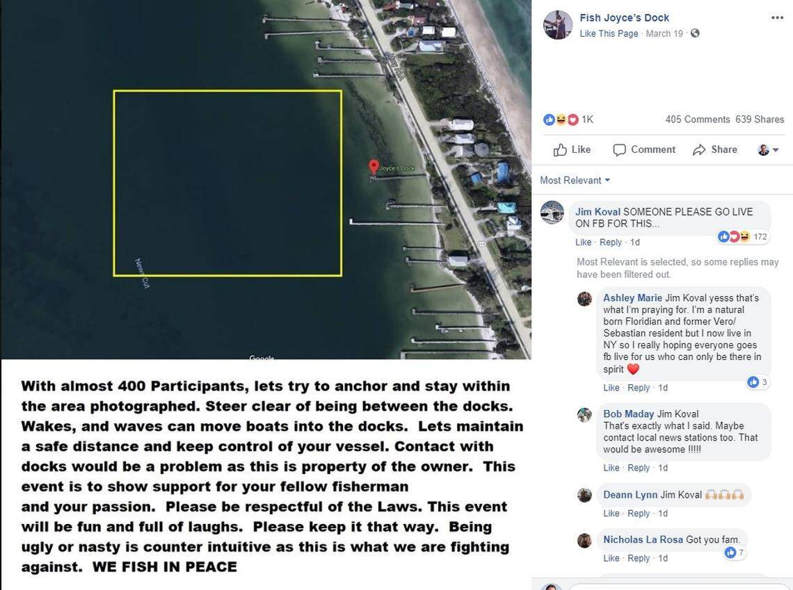 A map of a proposed fishermen protest planned for March 23, 2019, in Vero Beach on the Fish Joyce’s Dock Facebook page.