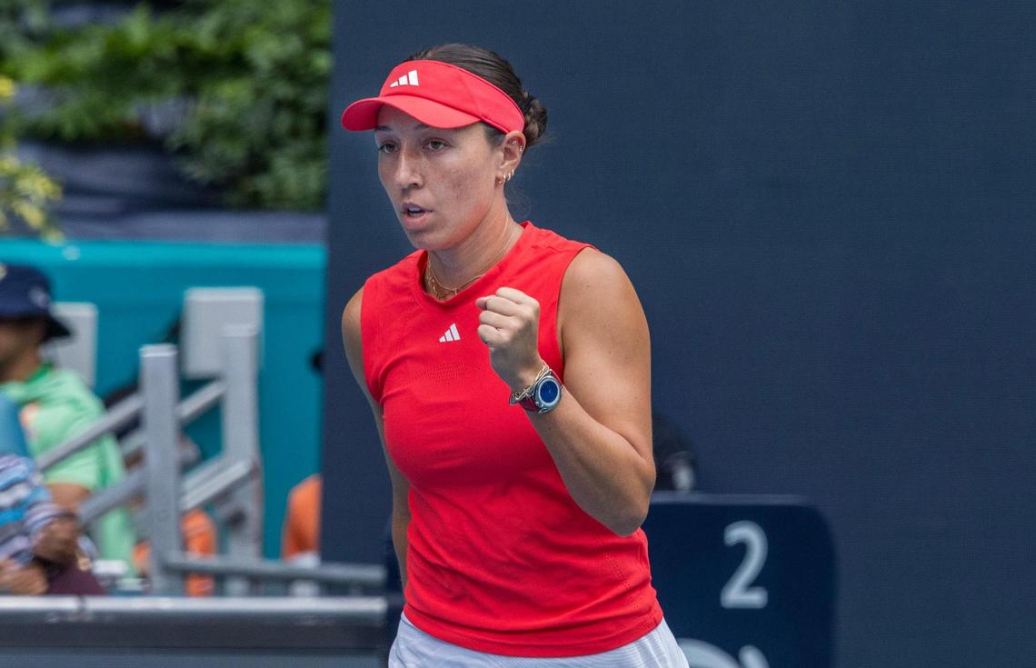 Jessica Pegula (4), of USA, reacts as she scores against Aryna Sabalenka (1), of Belarusian, during the women’s singles final at the Miami 2025 Open tennis tournament, at the Hard Rock Stadium, on Saturday, March 29, 2025.