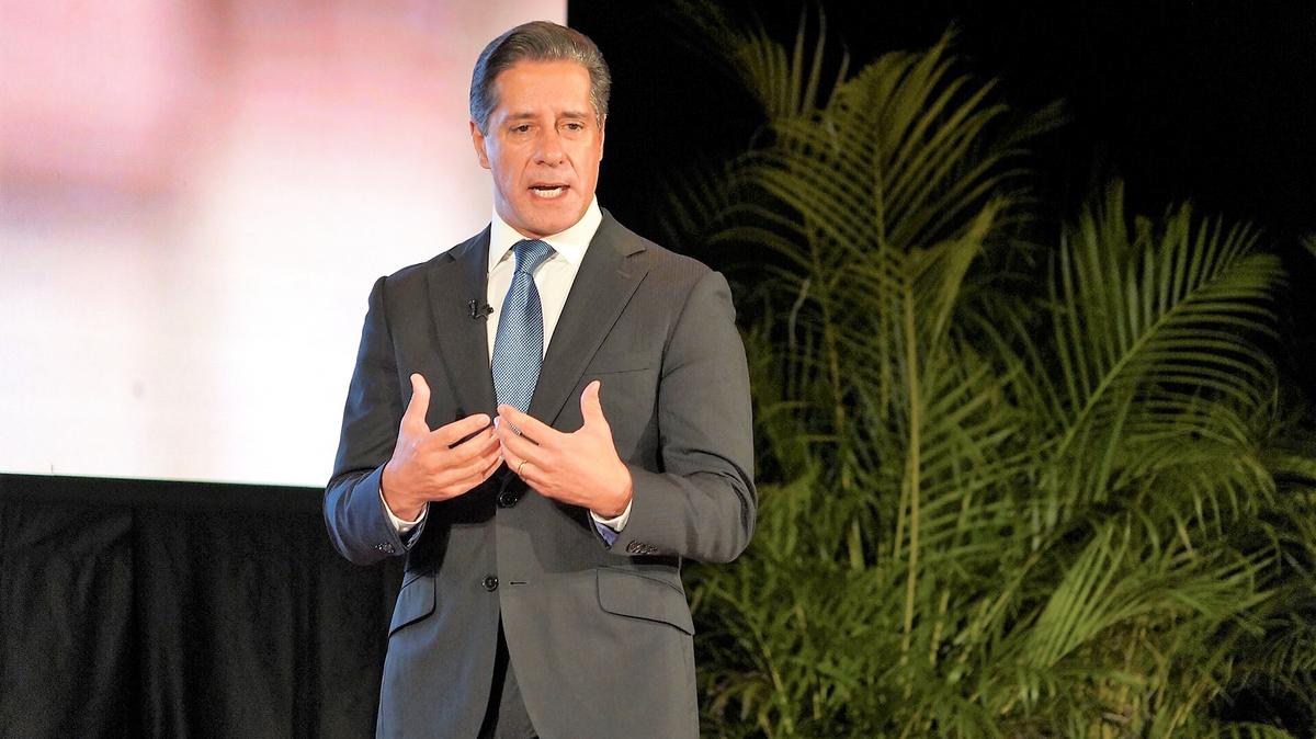 Miami-Dade Schools Superintendent Alberto Carvalho speaks to teachers, administrators and staff at Miami Senior High on Friday, August 13, 2021, in his annual pre-school address.