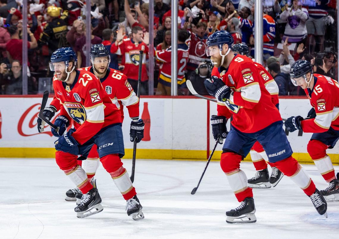 Sunrise, Florida, June 24, 2024 - Florida Panthers Carter Verhaeghe (23), left skates away from teammates after he scored in the first period on a power play goal during game 7 of the Stanley Cup Final at Amerant Arena in Sunrise, Florida.