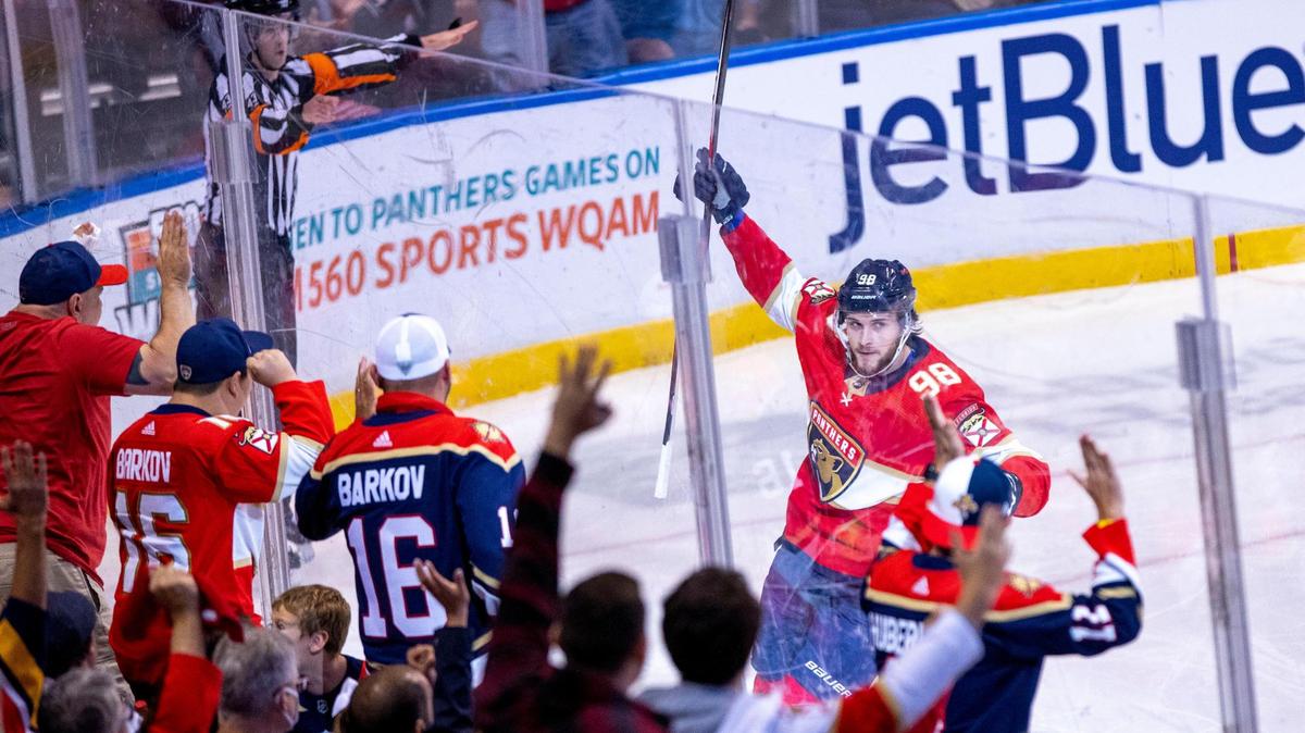 Florida Panthers center Maxim Mamin (98) reacts after scoring the first goal during the first period of an NHL game against the St. Louis Blues at FLA Live Arena in Sunrise, Florida, on Saturday, December 4, 2021.