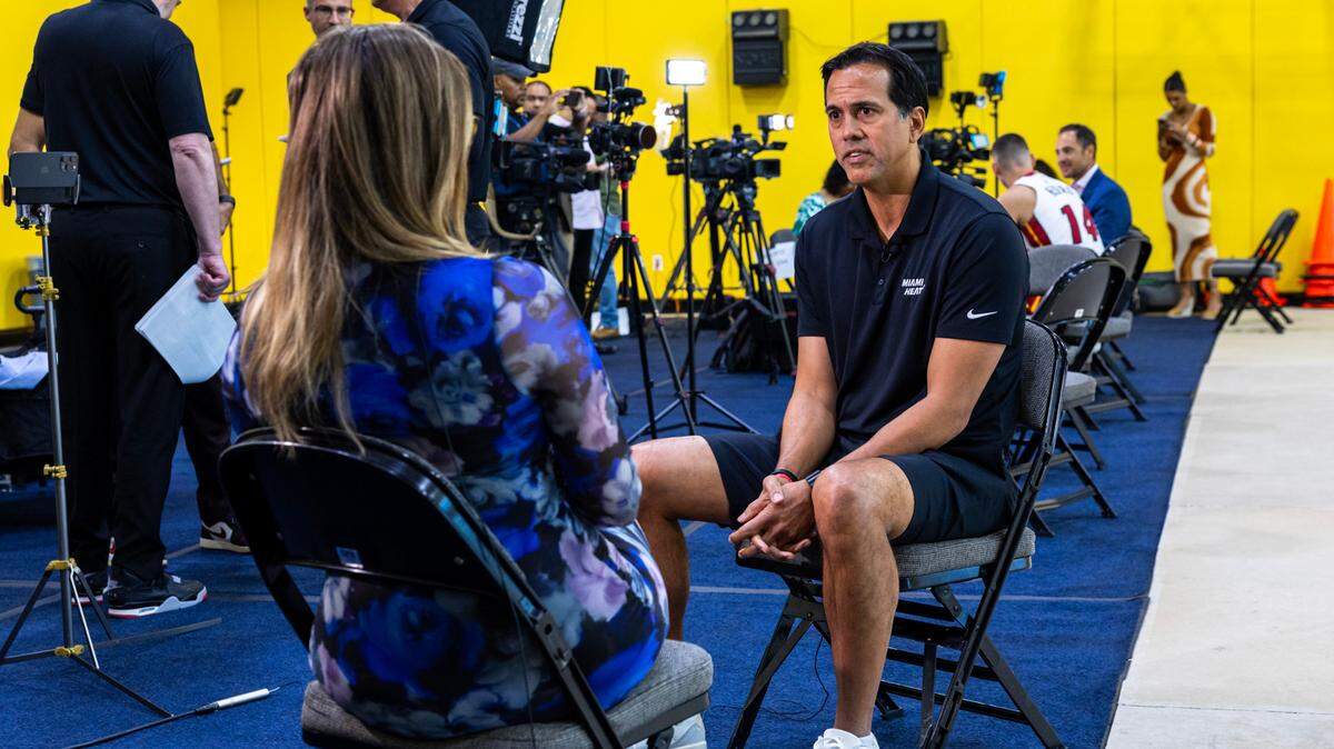 Miami Heat Head Coach Erik Spoelstra speaks with a member of the media during media day at Kaseya on Monday, September 30, 2024, in Miami, Fla. 