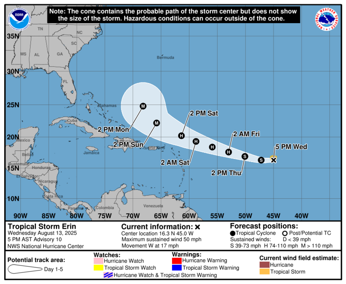 Tropical Storm Erin’s forecast track now includes a curve to the north in the Caribbean.