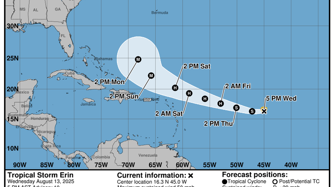 Tropical Storm Erin likely to turn north near Caribbean