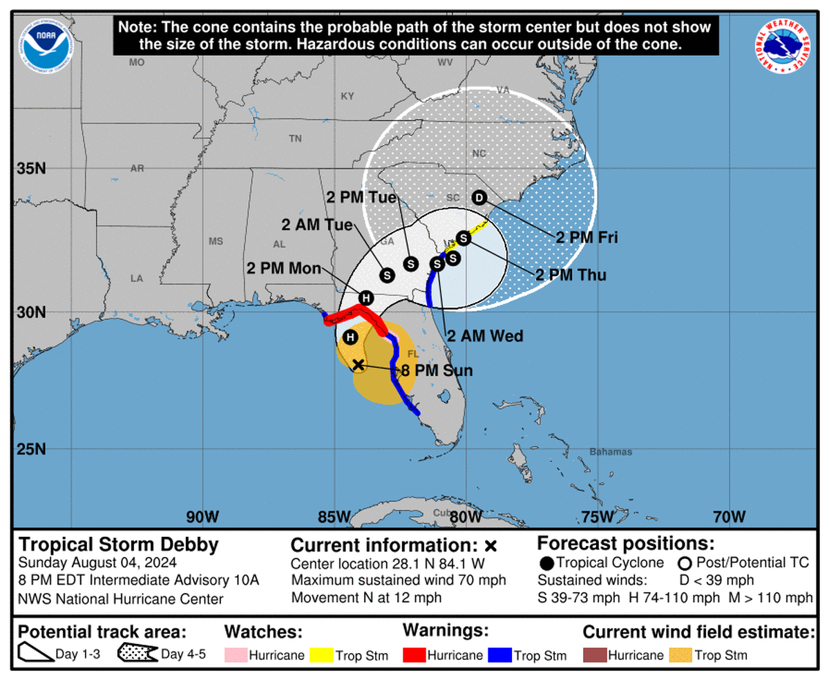 Tropical Storm Debby remained on track to strengthen into a Category 1 hurricane before making landfall Monday morning.